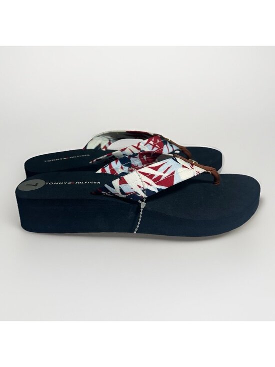 New Tommy Hilfiger Flip Flops Women’s 7 Navy Blue With Floral Print Wedge Heel - Picture 2 of 9